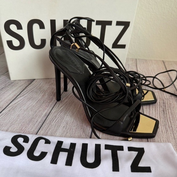 SCHUTZ Vikki Black Leather Lace Up Sandals 8 - Picture 2 of 7